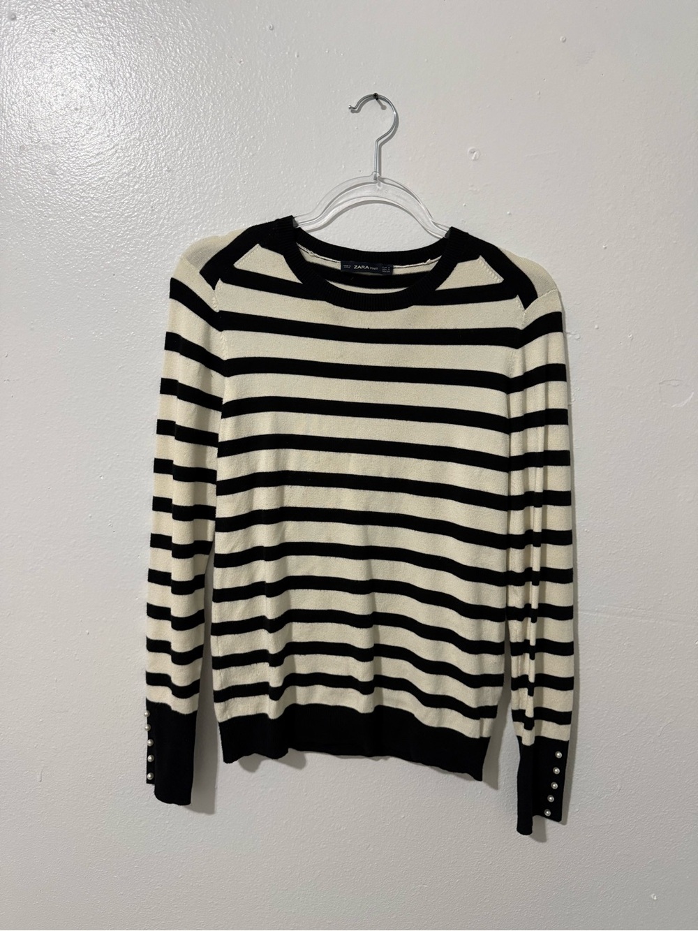 Zara Black and Cream Striped Crewneck with Button Cuffs